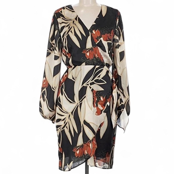 Sam Edelman Dresses & Skirts - NWT Sam Edelman | Black and Tan Satin Wrap Wedding Guest Dress Floral Size 14